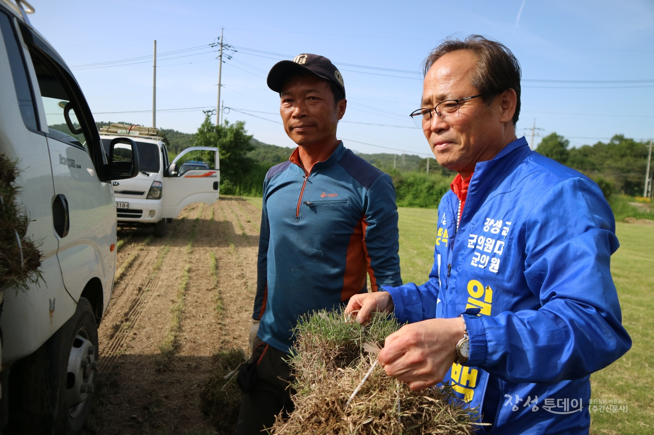 지난 24일 민주당 이태신 후보가 다 자란 잔디를 팔기 위해 트럭에 싣고 있는 농민을 있다.